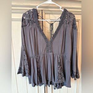 POL Gray Lace Detail Top